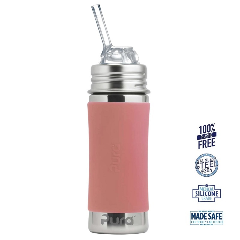 Pura Kiki Straw Baby Sutteflaske Mdr Rosa 325ml Fast Flow