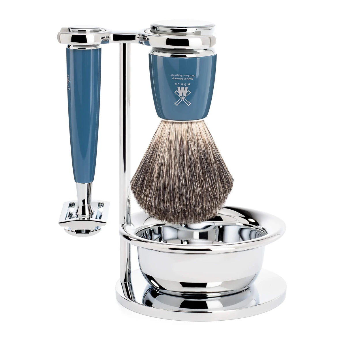 Mühle Shaving Barbersæt Med De-skraber Barberkost Holder Og Skål Rytmo Petroleumsblå