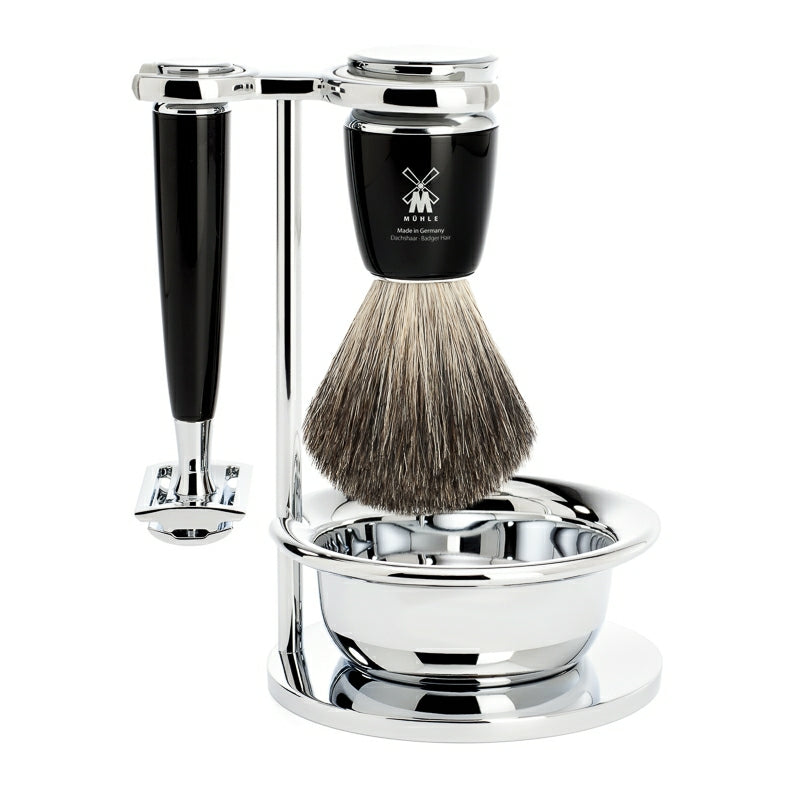 Mühle Shaving Barbersæt Med De-skraber  Barberkost  Holder Og Skål  Rytmo  Sort Kunstharpiks