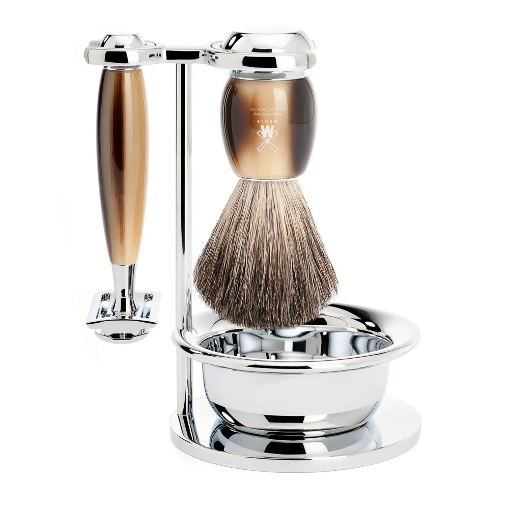 Mühle Shaving Barbersæt Med De-skraber Barberkost Holder Og Skål Vivo Brunt Horn