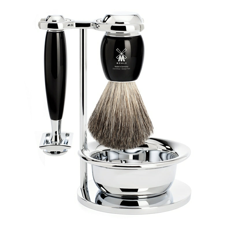 Mühle Shaving Barbersæt Med De-skraber  Barberkost  Holder Og Skål  Vivo  Sort Kunstharpiks