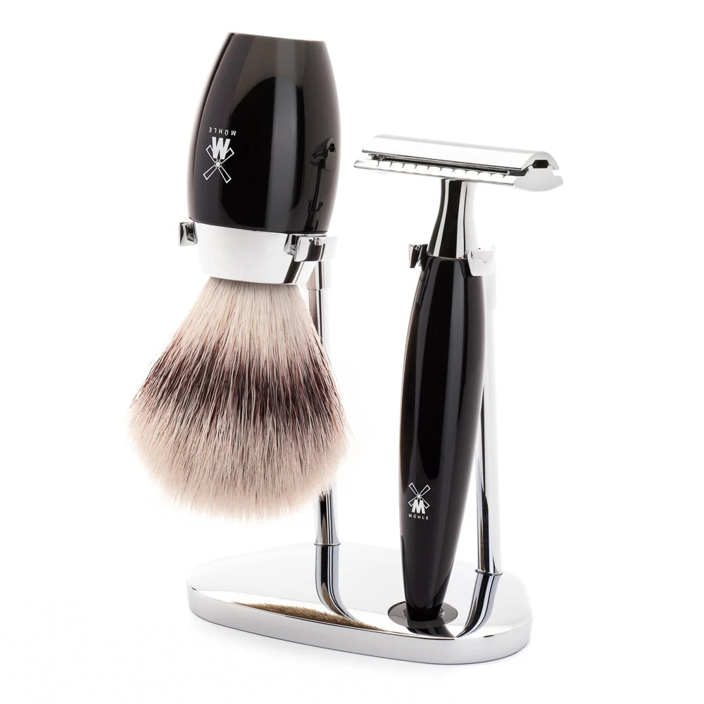 Mühle Shaving Barbersæt Med De-skraber  Barberkost Og Holder  Kosmo  Sort Kunstharpiks