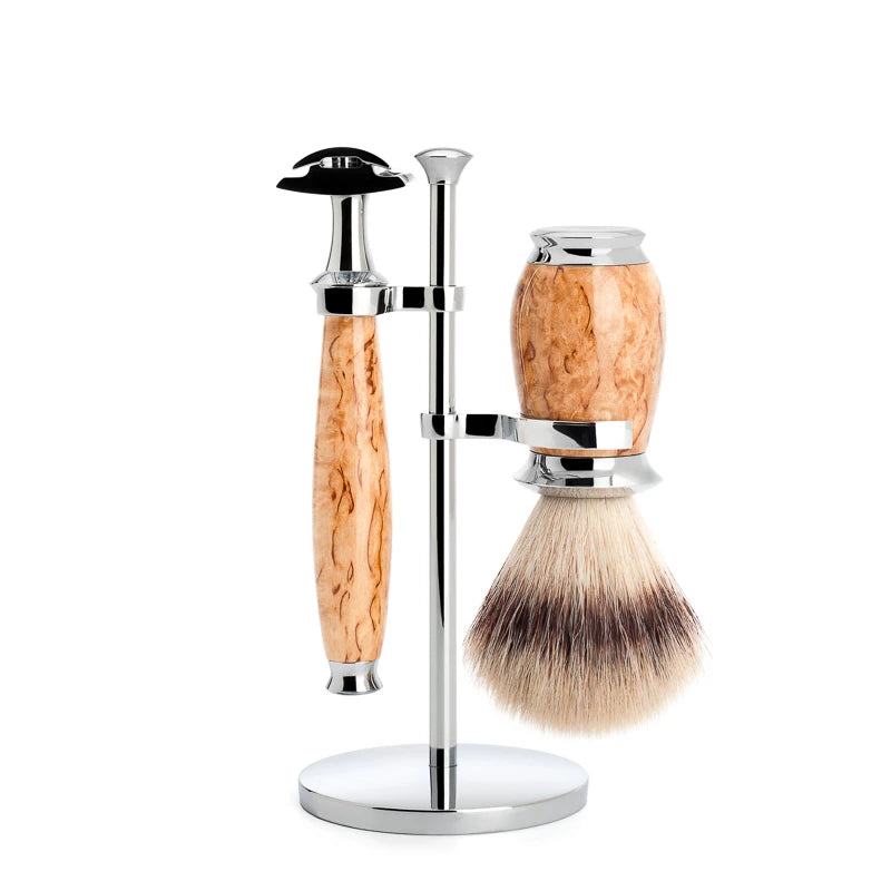 Mühle Shaving Barbersæt Med De-skraber  Barberkost Og Holder  Purist  Karelian Burl Birk