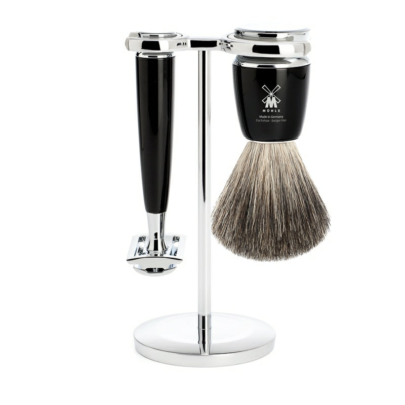 Mühle Shaving Barbersæt Med De-skraber  Barberkost Og Holder  Rytmo  Sort Kunstharpiks
