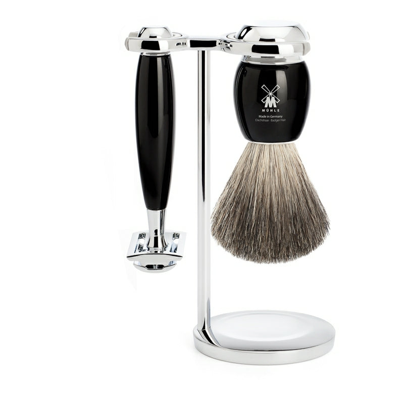 Mühle Shaving Barbersæt Med De-skraber  Barberkost Og Holder  Vivo  Sort Kunstharpiks