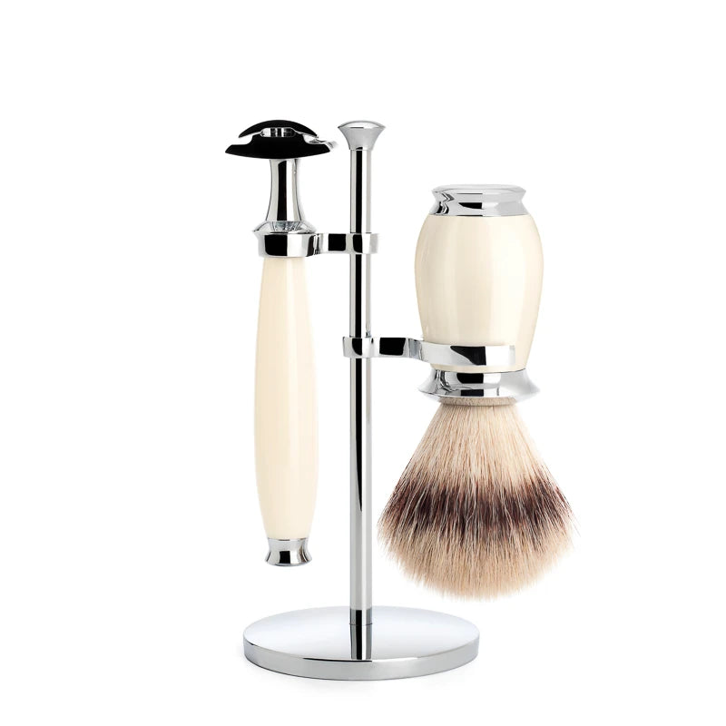Mühle Shaving Barbersæt Med De-skraber  Fibre Barberkost Og Holder  Purist  Hvid Kunstharpiks