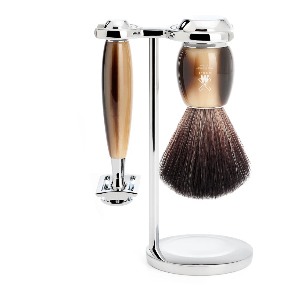 Mühle Shaving Barbersæt Med De-skraber Fibre Barberkost Og Holder Vivo Brunt Horn