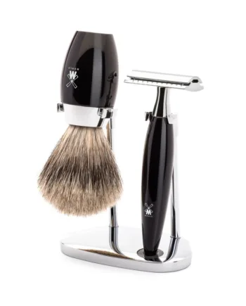 Mühle Shaving Barbersæt Med De-skraber  Fine Badger Barberkost Og Holder  Kosmo  Sort Kunstharpiks