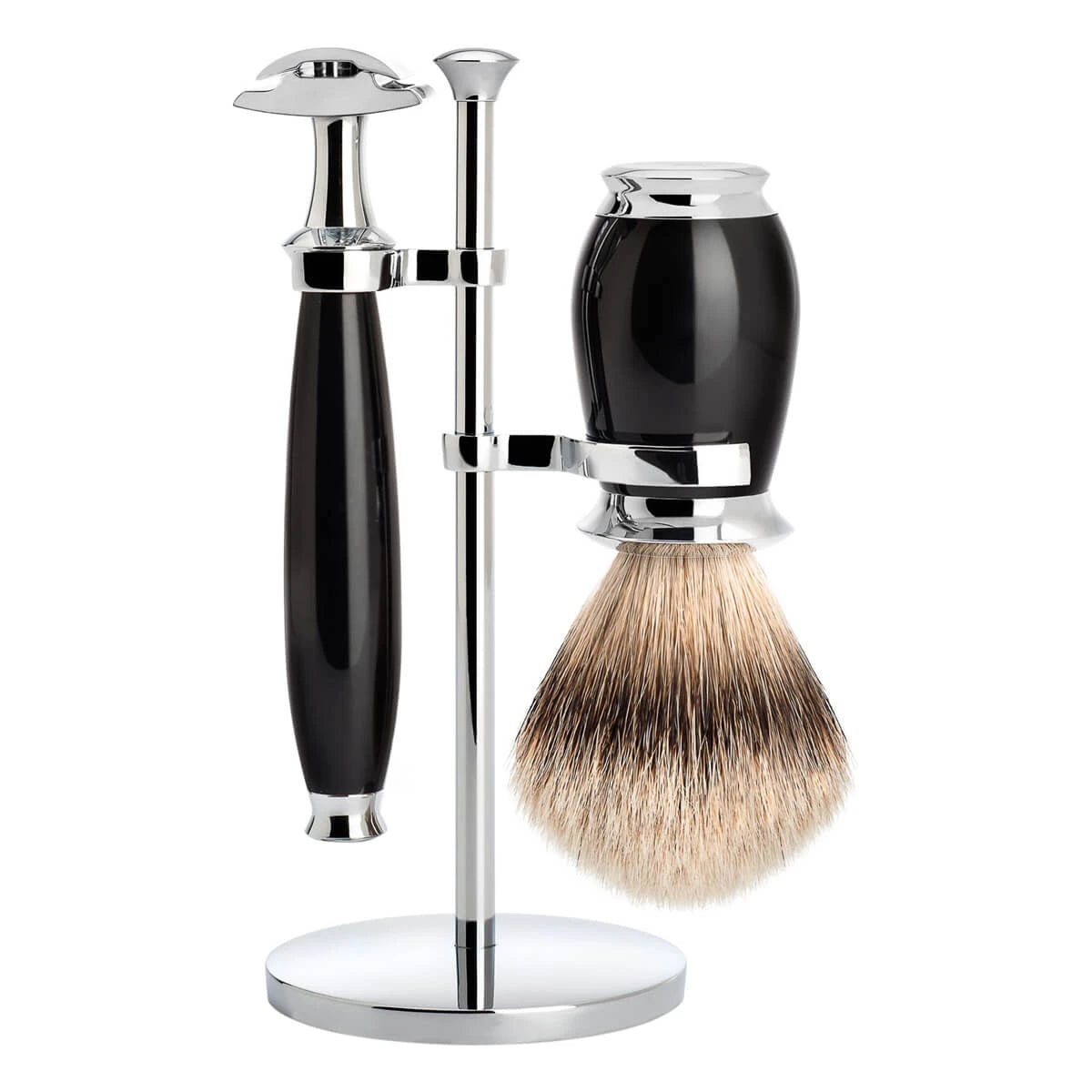 Mühle Shaving Barbersæt Med De-skraber  Silvertip Barberkost Og Holder  Purist  Sort Kunstharpiks