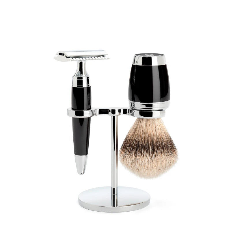Mühle Shaving Barbersæt Med De-skraber  Silvertip Barberkost Og Holder  Stylo  Sort Kunstharpiks