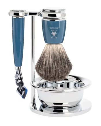 Mühle Shaving Barbersæt Med Fusion Skraber  Barberkost  Holder Og Skål  Rytmo  Petroleumsblå