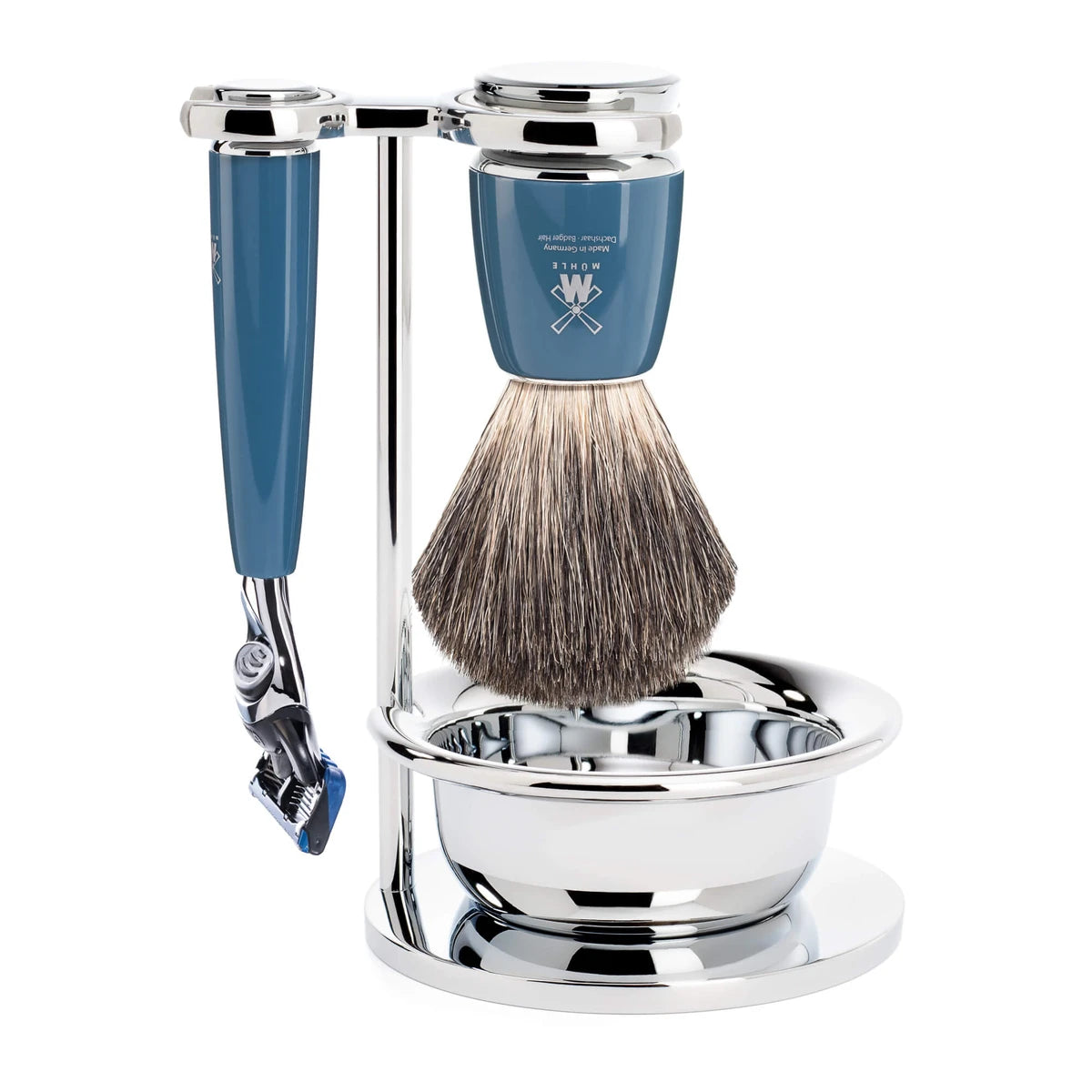 Mühle Shaving Barbersæt Med Fusion Skraber Barberkost Holder Og Skål Rytmo Petroleumsblå