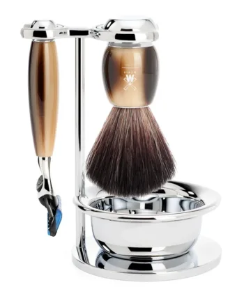 Mühle Shaving Barbersæt Med Fusion Skraber  Fibre Barberkost  Holder Og Skål  Vivo  Brunt Horn