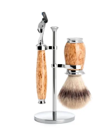 Mühle Shaving Barbersæt Med Fusion Skraber  Silvertip Fibreâ  Barberkost Og Holder  Purist  Karelian Burl Birk