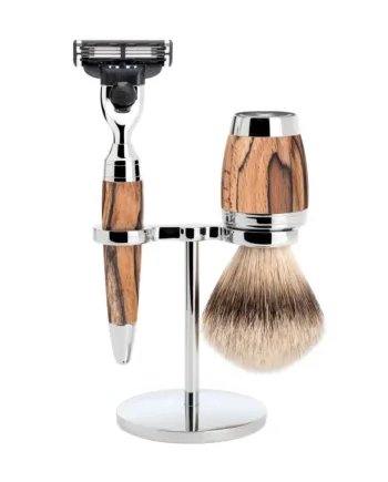 Mühle Shaving Barbersæt Med Mach3 Skraber  Barberkost Og Holder  Stylo  Spalted Beech