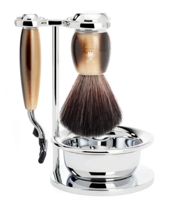 Mühle Shaving Barbersæt Med Mach3 Skraber  Fibre Barberkost  Holder Og Skål  Vivo  Brunt Horn