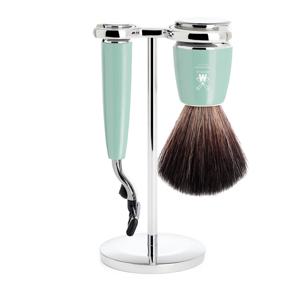 Mühle Shaving Barbersæt Med Mach3 Skraber Fibre Barberkost Og Holder Rytmo Mintgrøn