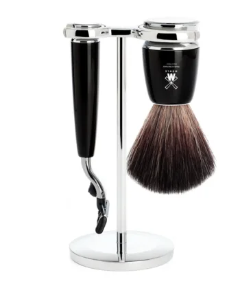 Mühle Shaving Barbersæt Med Mach3 Skraber  Fibre Barberkost Og Holder  Rytmo  Sort Kunstharpiks