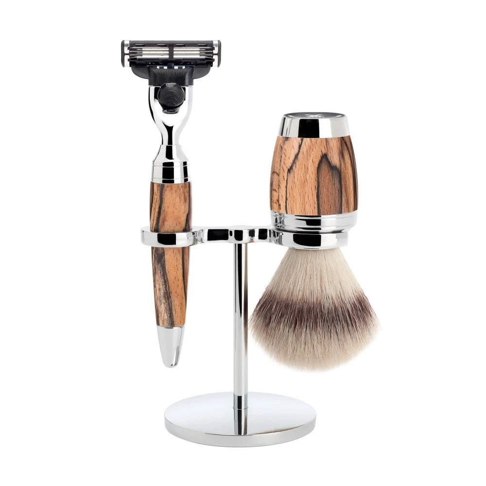 Mühle Shaving Barbersæt Med Mach3 Skraber Fibre Barberkost Og Holder Stylo Spalted Beech