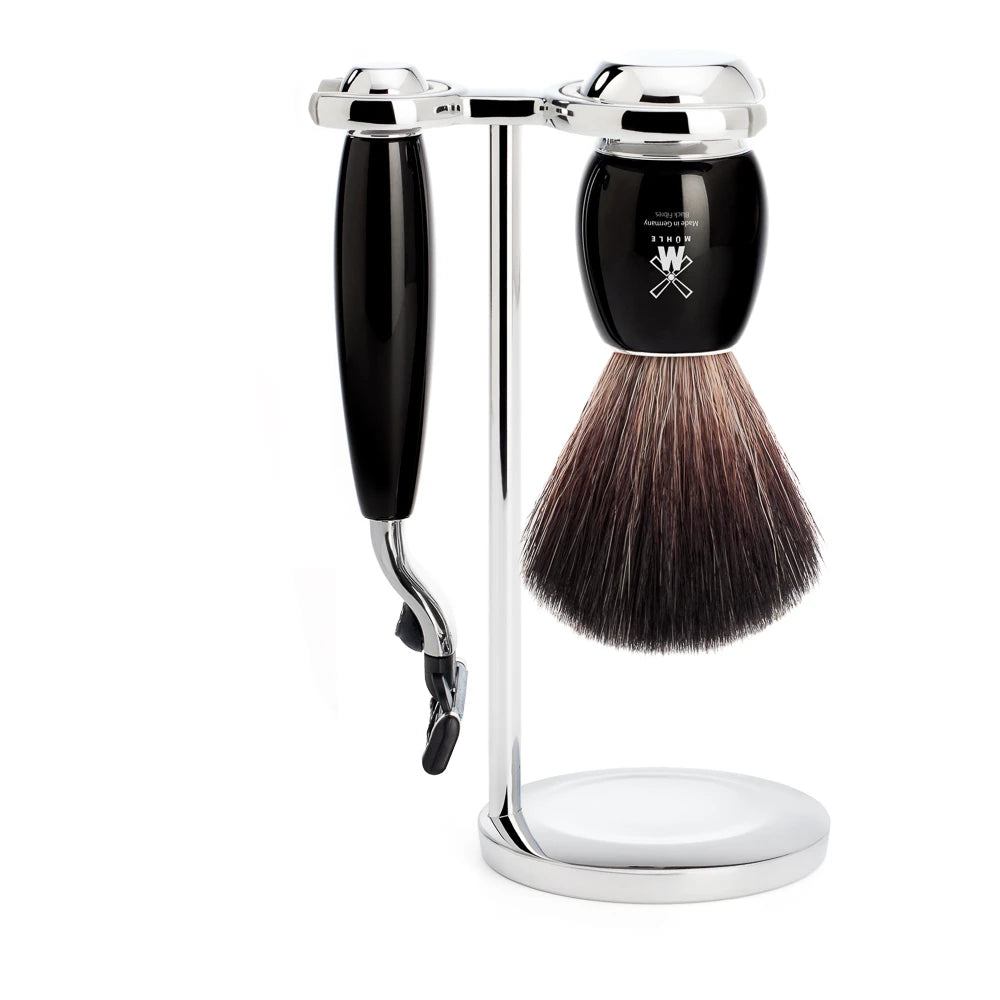 Mühle Shaving Barbersæt Med Mach3 Skraber Fibre Barberkost Og Holder Vivo Sort Kunstharpiks