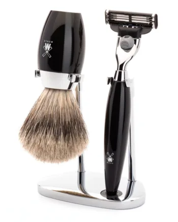 Mühle Shaving Barbersæt Med Mach3 Skraber  Fine Badger Barberkost Og Holder  Kosmo  Sort Kunstharpiks