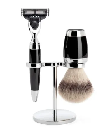 Mühle Shaving Barbersæt Med Mach3 Skraber  Silvertip Fibreâ  Barberkost Og Holder  Stylo  Sort Kunstharpiks