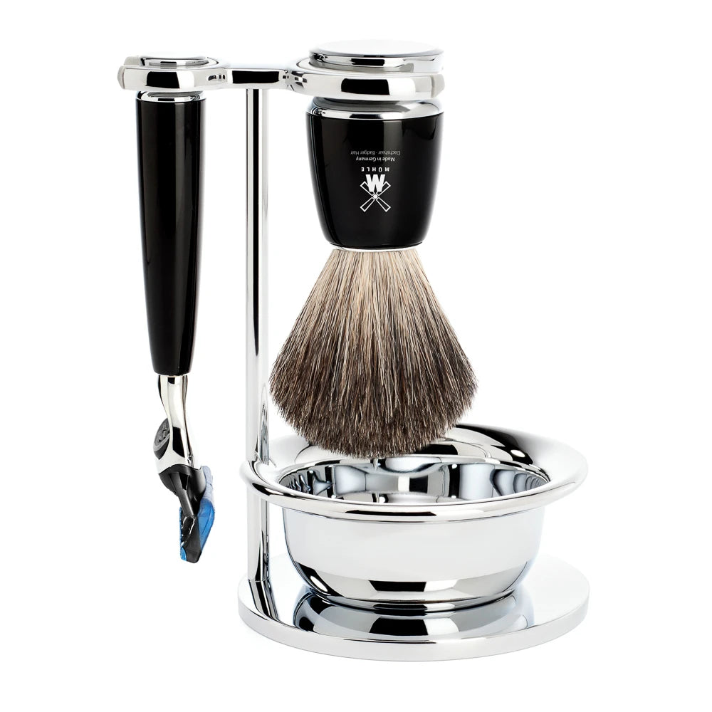 Mühle Shaving Barbersæt Med Skraber  Barberkost  Holder Og Skål  Rytmo  Sort Kunstharpiks