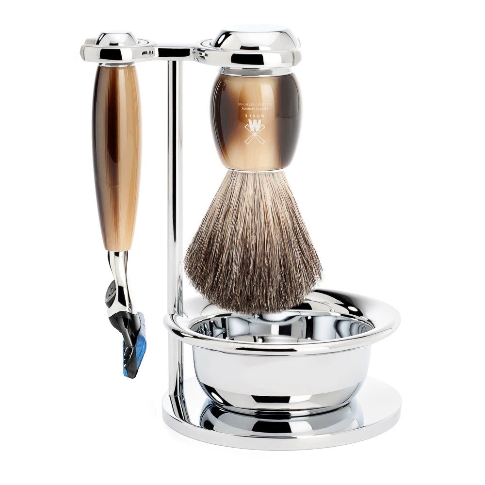 Mühle Shaving Barbersæt Med Skraber  Barberkost  Holder Og Skål  Vivo  Brunt Horn