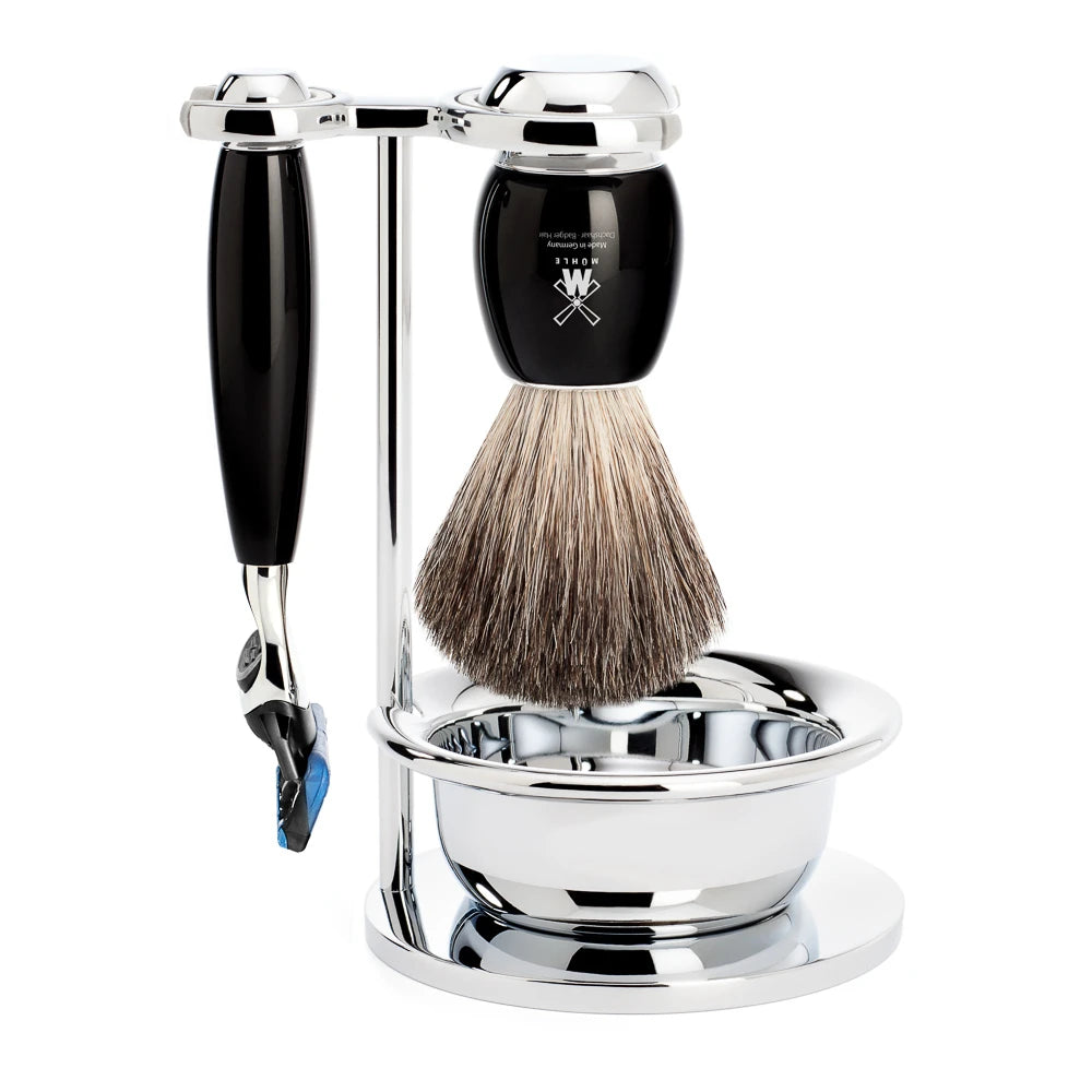 Mühle Shaving Barbersæt Med Skraber  Barberkost  Holder Og Skål  Vivo  Sort Kunstharpiks