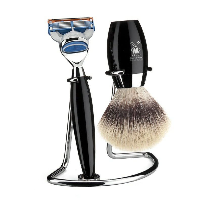 Mühle Shaving Barbersæt Med Skraber  Barberkost Og Holder  Kosmo  Sort Kunstharpiks