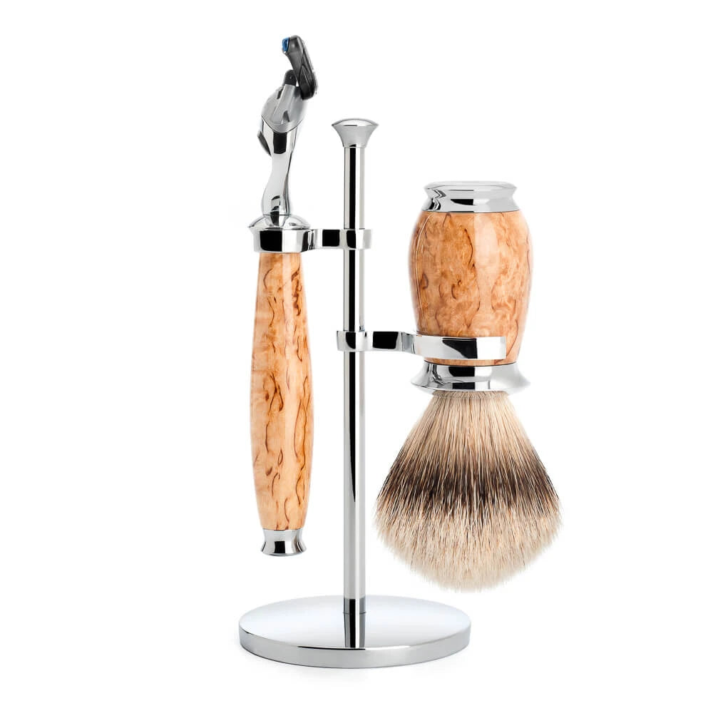 Mühle Shaving Barbersæt Med Skraber  Barberkost Og Holder  Purist  Karelian Burl Birk