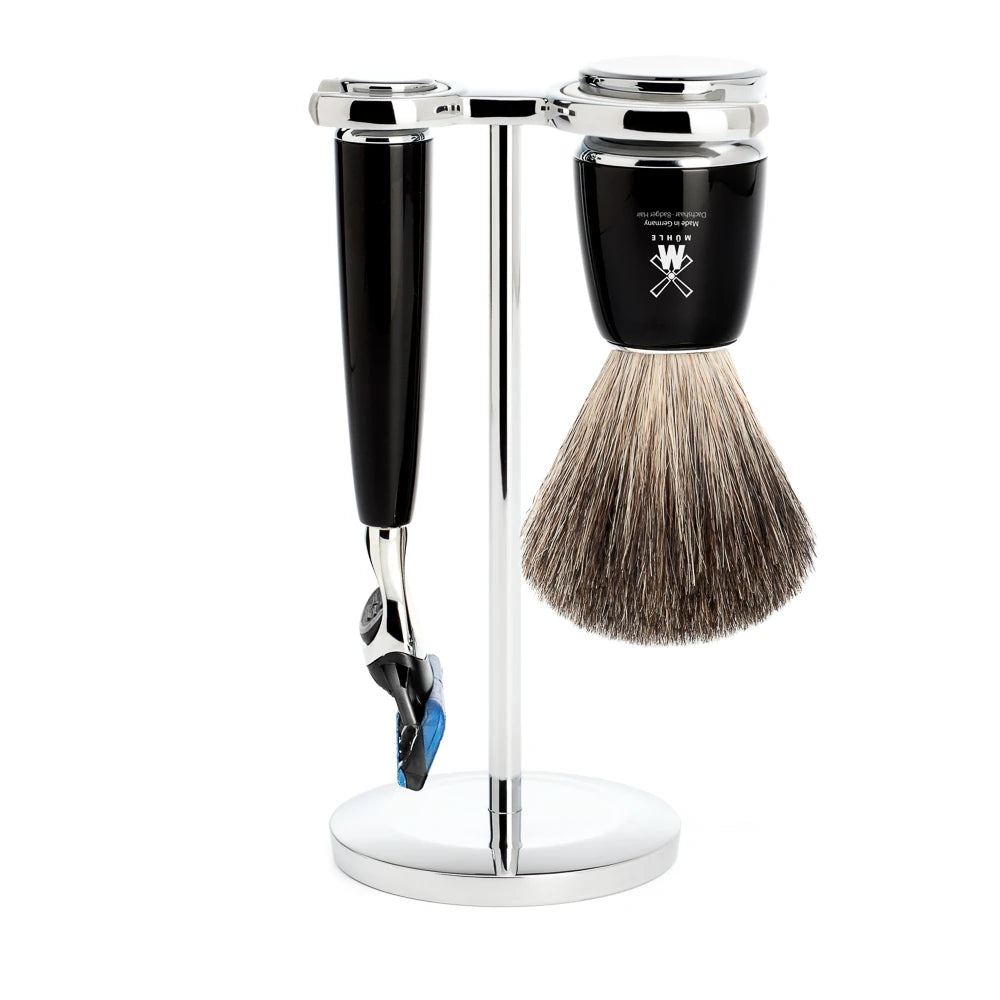 Mühle Shaving Barbersæt Med Skraber  Barberkost Og Holder  Rytmo  Sort Kunstharpiks