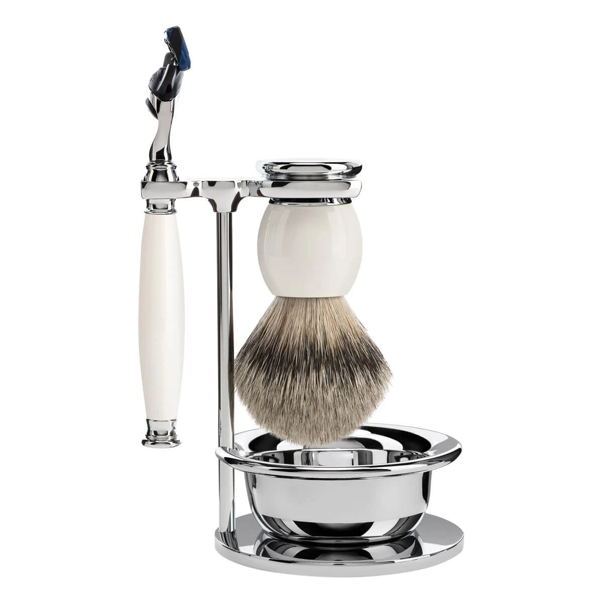 Mühle Shaving Barbersæt Med Skraber  Silvertip Barberkost  Holder Og Skål  Sophist  Porcelæn