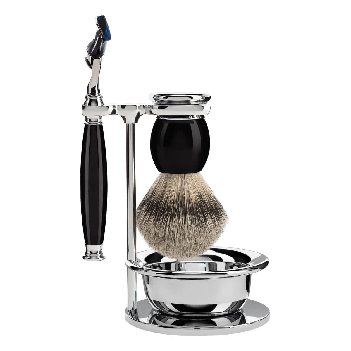 Mühle Shaving Barbersæt Med Skraber  Silvertip Barberkost  Holder Og Skål  Sophist  Sort Kunstharpiks