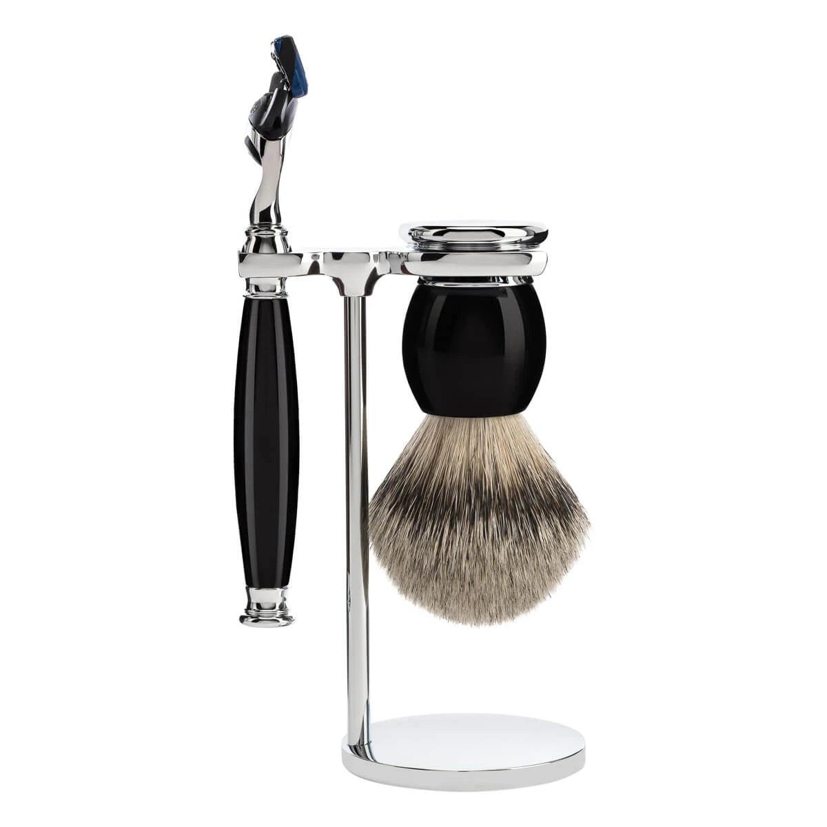 Mühle Shaving Barbersæt Med Skraber  Silvertip Barberkost Og Holder  Sophist  Sort Kunstharpiks