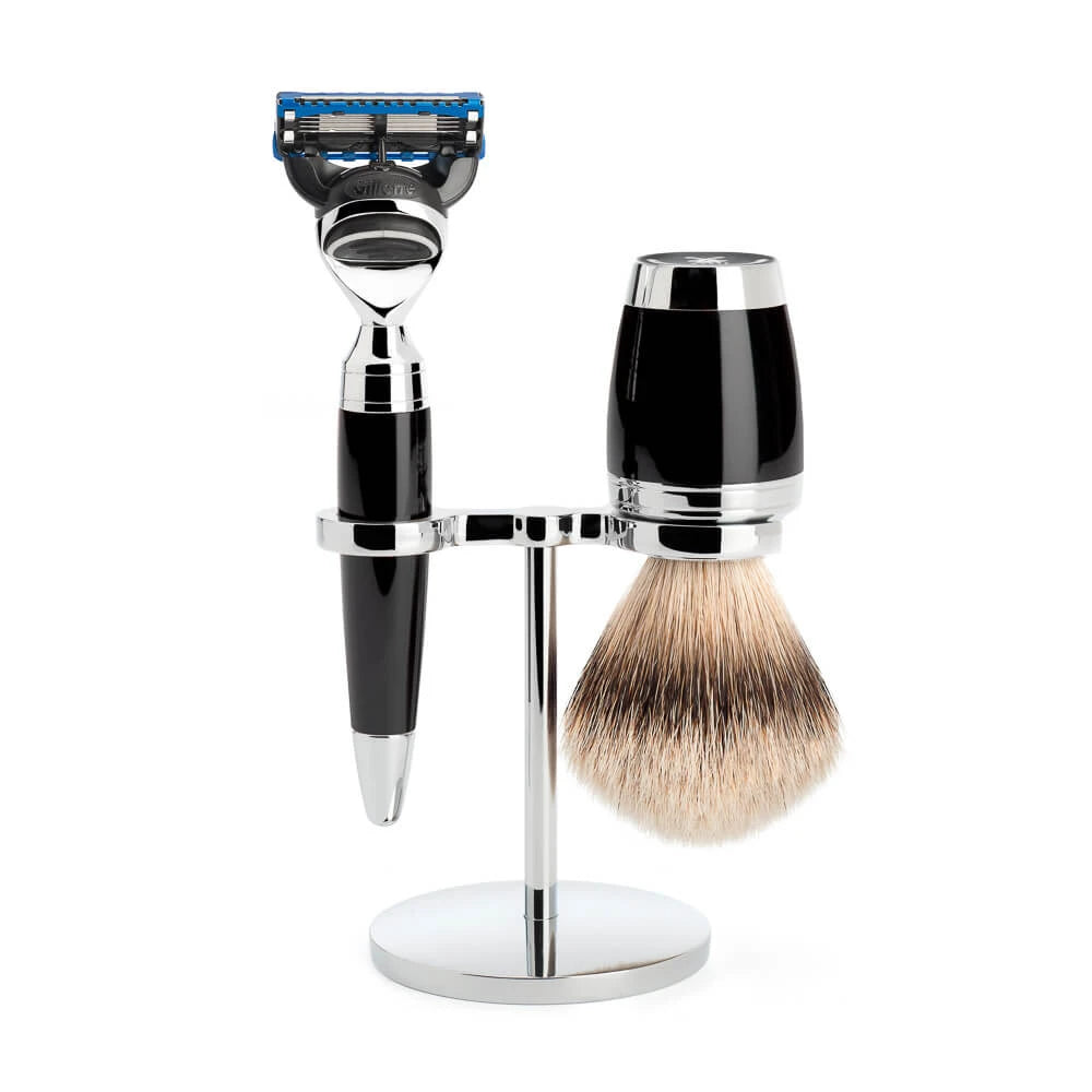 Mühle Shaving Barbersæt Med Skraber  Silvertip Barberkost Og Holder  Stylo  Sort Kunstharpiks