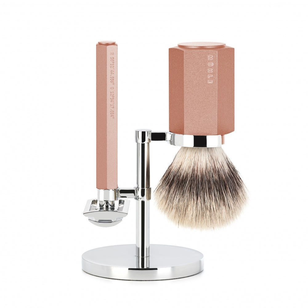 Mühle Shaving Mark Braun Barbersæt Med De-skraber  Barberkost Og Holder  Hexagon  Aluminium Sunrise