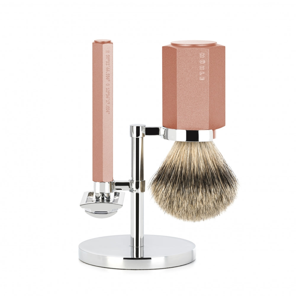Mühle Shaving Mark Braun Barbersæt Med De-skraber  Silvertip Barberkost Og Holder  Hexagon  Aluminium Sunrise
