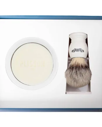 Plisson 1808 Startsæt Med High Mountain White Fibre Barberkost  Holder Og Porcelænsskål Med Barbersæbe  Hvid