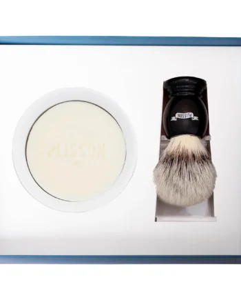 Plisson 1808 Startsæt Med High Mountain White Fibre Barberkost  Holder Og Porcelænsskål Med Barbersæbe  Sort