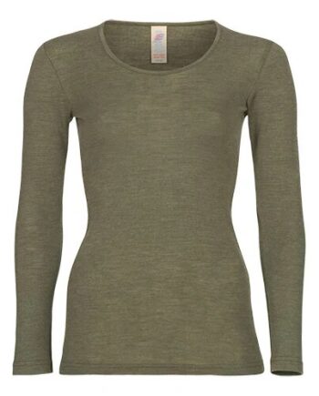 Langærmet Bluse  Uld Silke  Olive  Str  38 40