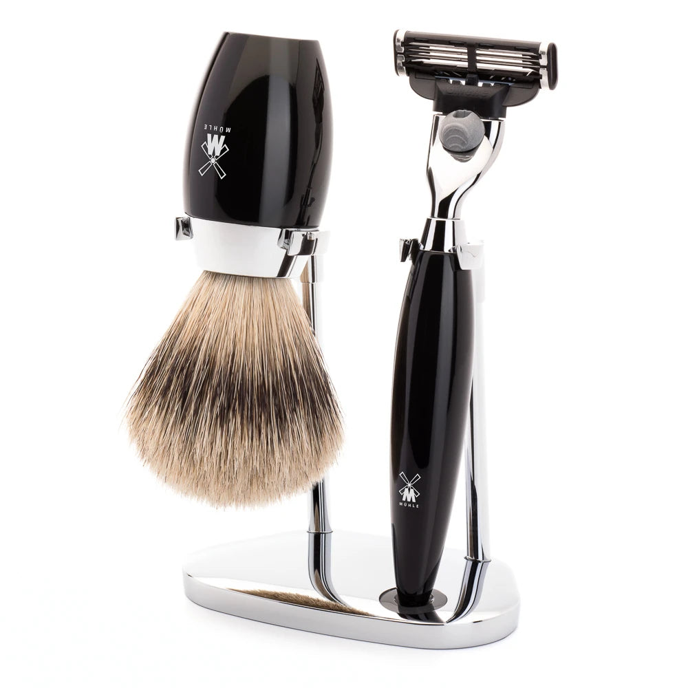 Mühle Shaving Barbersæt Med Mach3 Skraber  Barberkost Og Holder  Kosmo  Sort Kunstharpiks