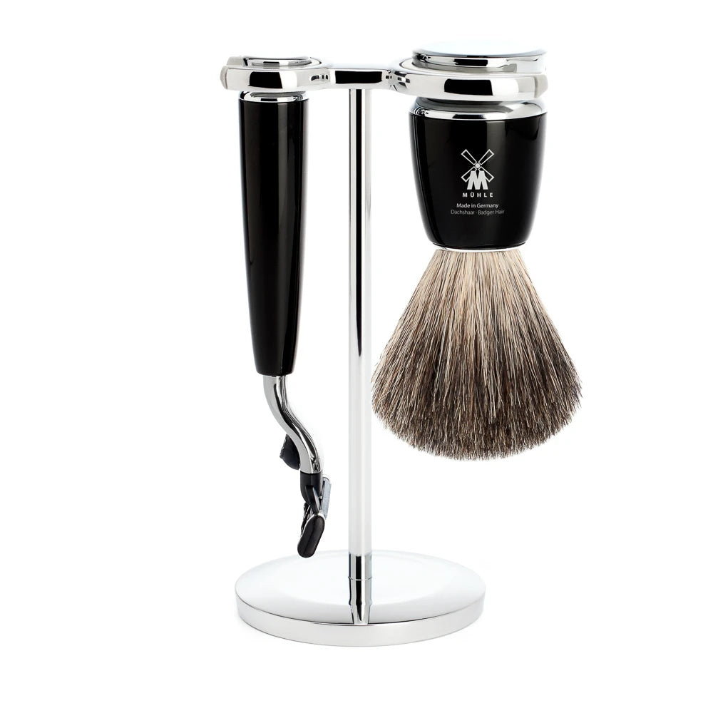 Mühle Shaving Barbersæt Med Mach3 Skraber  Barberkost Og Holder  Rytmo  Sort Kunstharpiks
