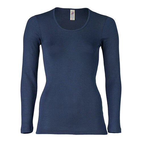Langærmet Bluse  Uld Silke  Navy  Str  46 48
