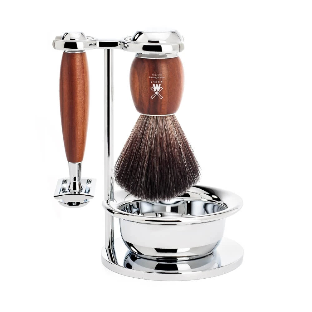 Mühle Shaving Barbersæt Med De-skraber  Black Fibre Barberkost  Holder Og Skål  Vivo  Blommetræ