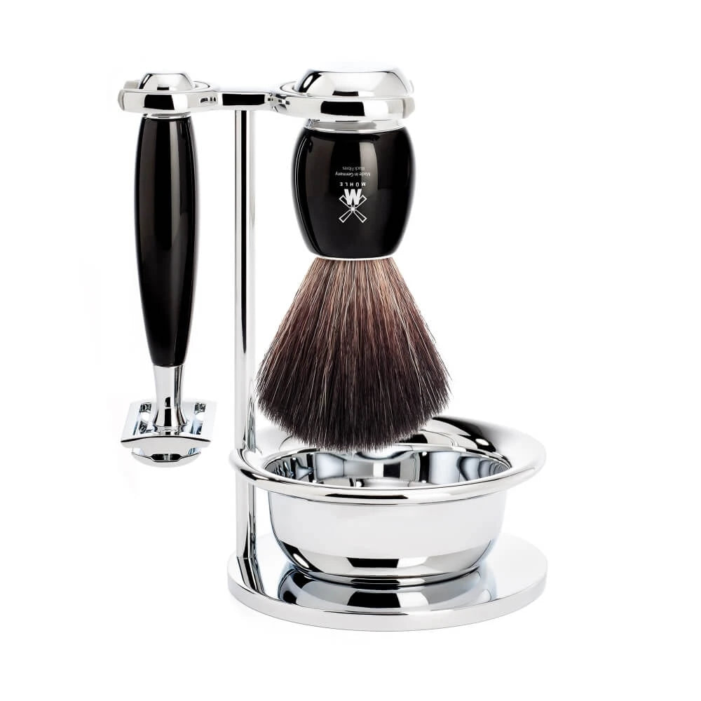 Mühle Shaving Barbersæt Med De-skraber  Black Fibre Barberkost  Holder Og Skål  Vivo  Sort Kunstharpiks