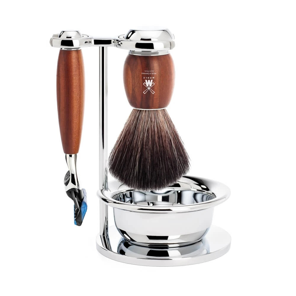 Mühle Shaving Barbersæt Med Fusion Skraber  Black Fibre Barberkost  Holder Og Skål  Vivo  Blommetræ