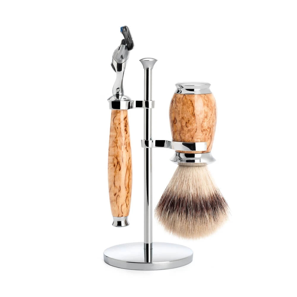 Mühle Shaving Barbersæt Med Fusion Skraber  Silvertip Fibreâ  Barberkost Og Holder  Purist  Karelian Burl Birk