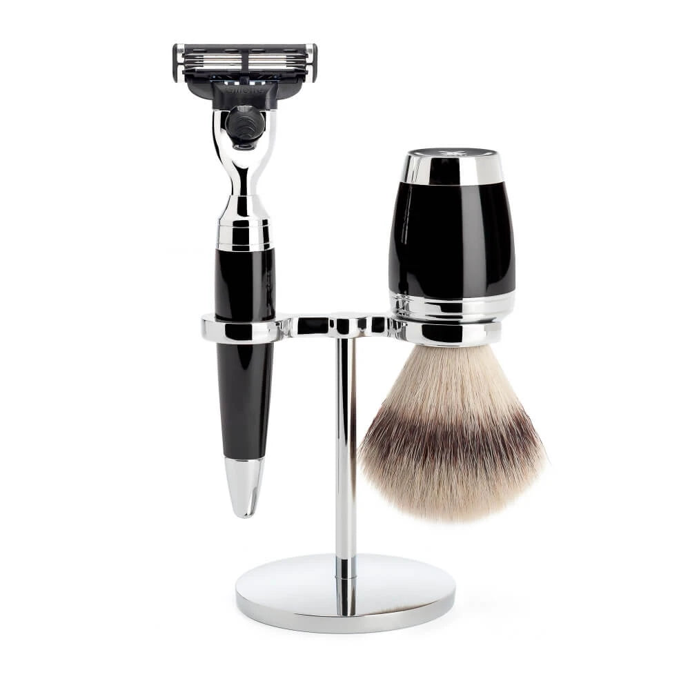 Mühle Shaving Barbersæt Med Mach3 Skraber  Silvertip Fibreâ  Barberkost Og Holder  Stylo  Sort Kunstharpiks