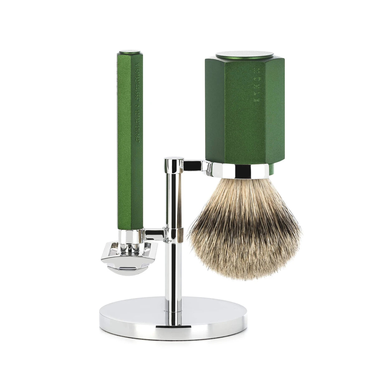 Mühle Shaving Mark Braun Barbersæt Med De-skraber  Silvertip Barberkost Og Holder  Hexagon  Aluminium Forest